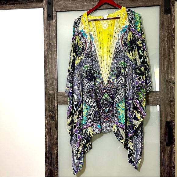 Chico's Tops - Chico's Vibrant Purple & Yellow Patterned Kimono Top Size L/XL Handkerchief Hem
